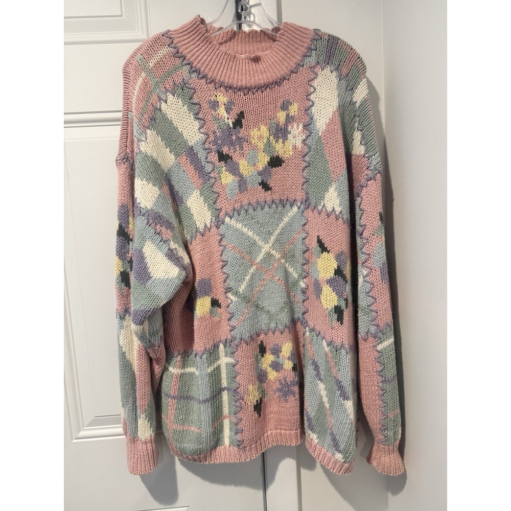 Vintage Maggie Lawrence Women's Pastel Patchwork Floral Sweater Geometric 26/28